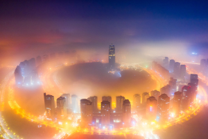 Skyscrapers surrounded by thick fog in Zhengzhou