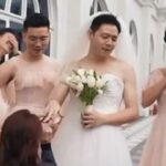 Groom and his best men wear dresses on a special role-reversal wedding