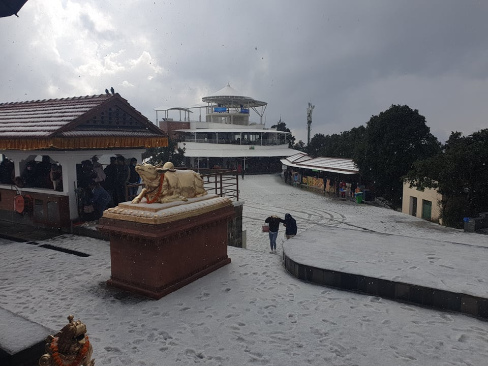 Snowfall in Chandragiri along with rain in Kathmandu