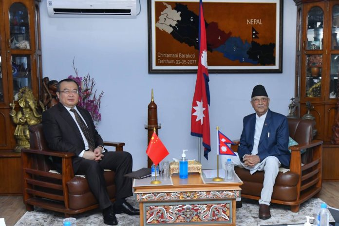 Meeting between UML Chairman Oli and CPC Foreign Department Chief Liu