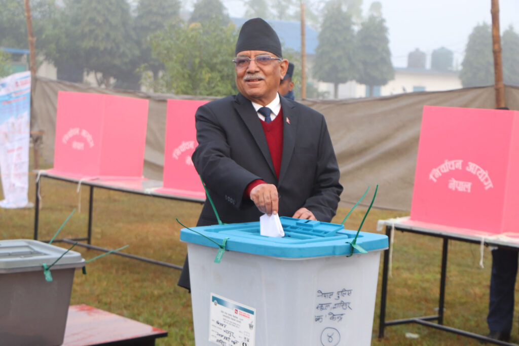 Maoist Chair Prachanda votes in Chitwan