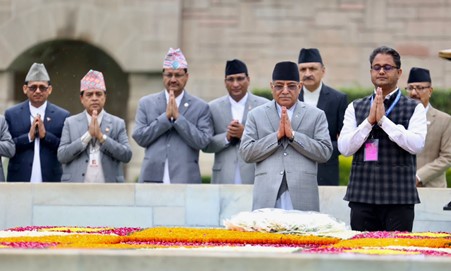 PM Dahal pays homage to Mahatma Gandhi at Rajghat