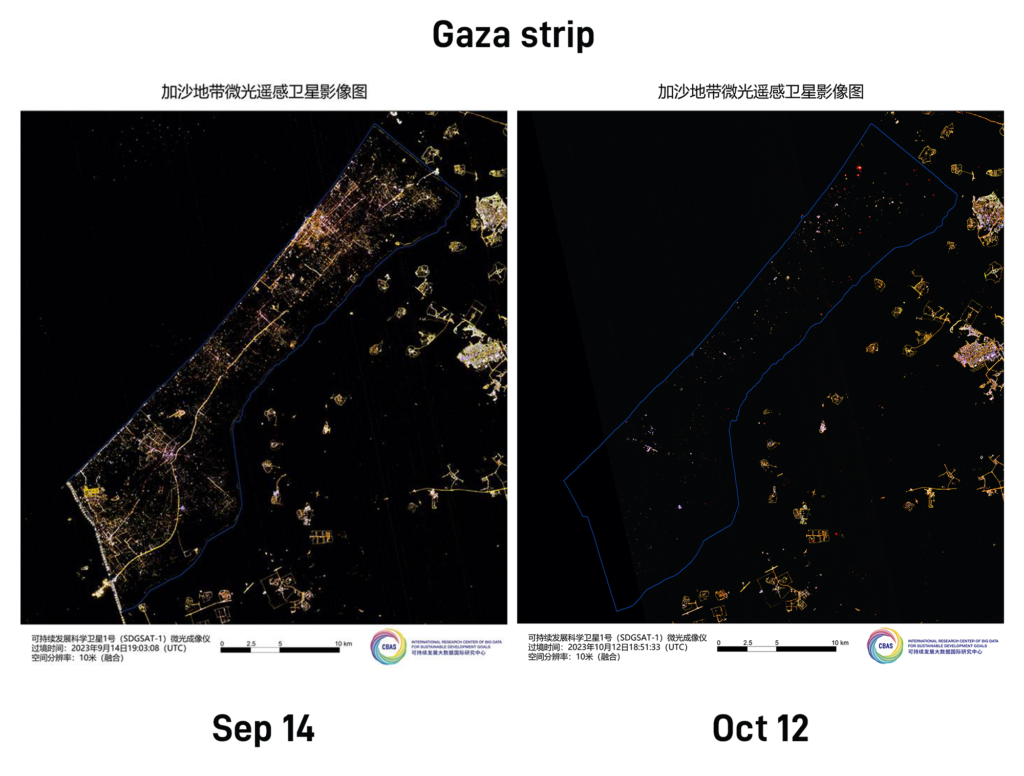 Satellite images show Gaza in complete darkness after power supply cutoff, indicating worsening humanitarian crisis