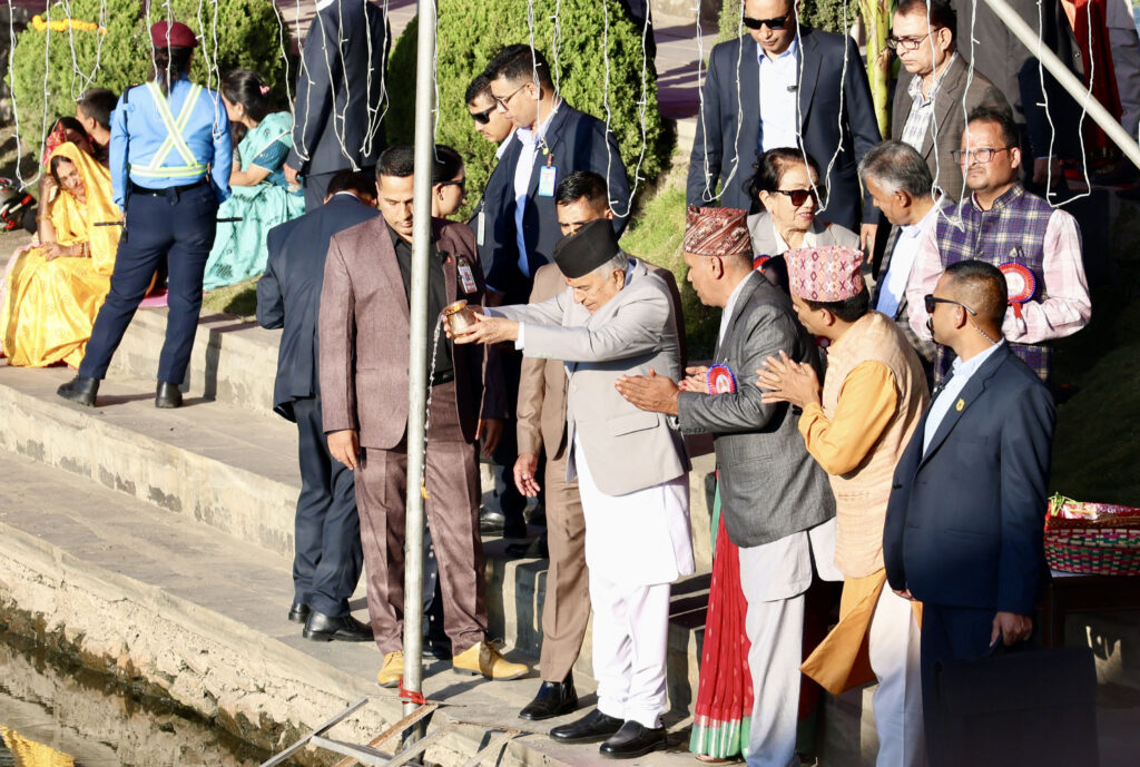 President Paudel offers worship to Chhathi Mata